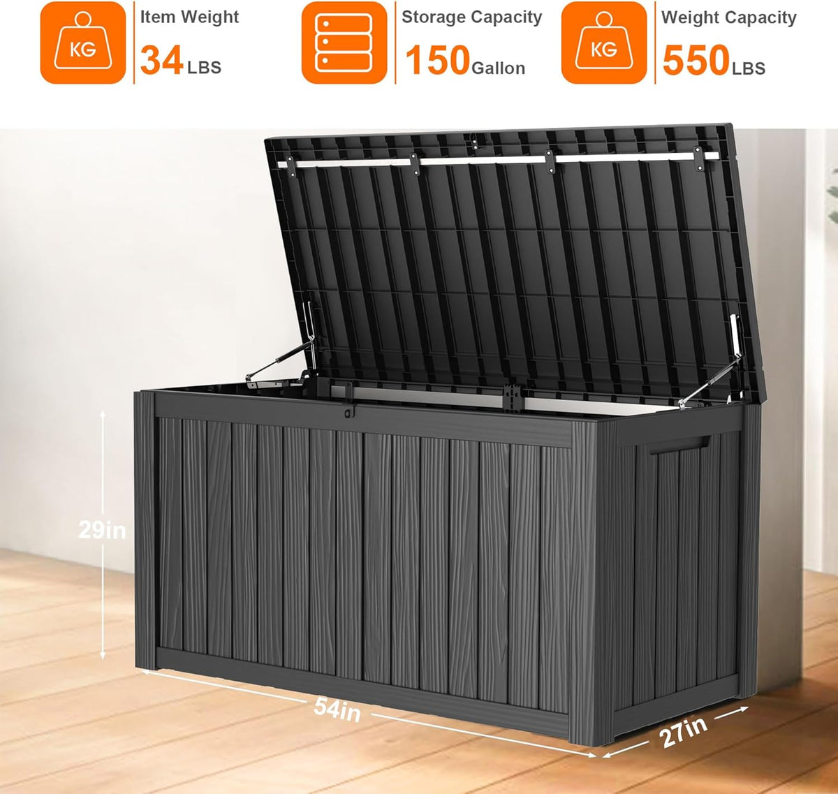 150 Gallon Resin Deck Box, Lockable Patio Outdoor Storage Box for Furniture, Garden Tools and Tools