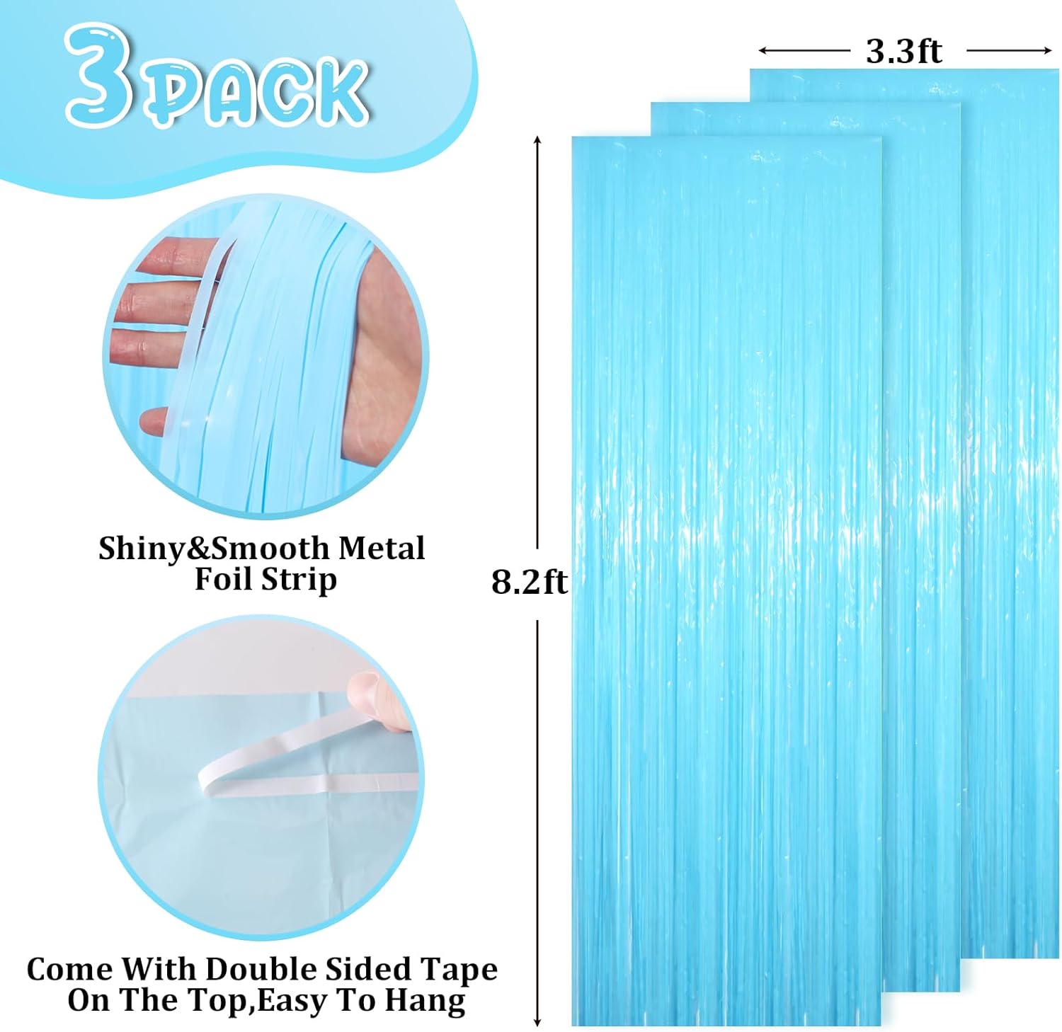3 Pack 3.3 x 8.2 ft Pastel Blue Foil Fringe Backdrop Curtains, Tinsel Streamers Birthday Party
