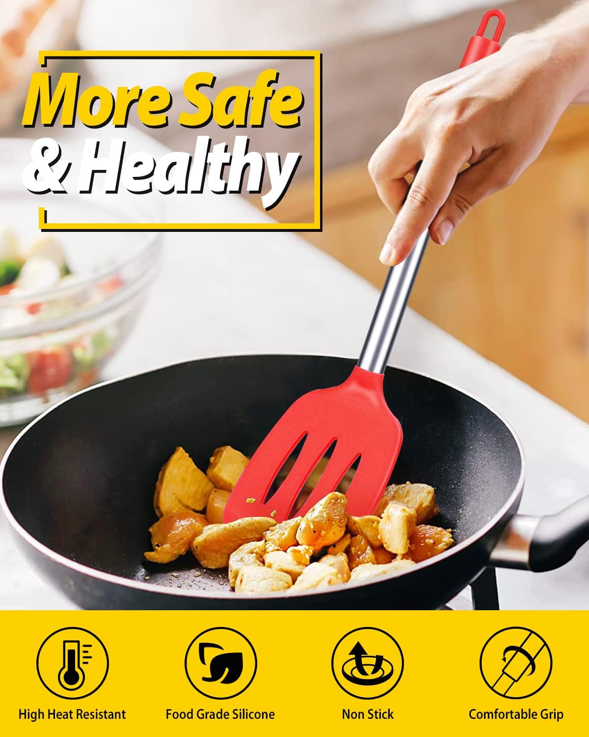 Pack of 2 Silicone Solid Turner, Non Stick Slotted Kitchen Spatulas, High Heat Resistant BPA Free