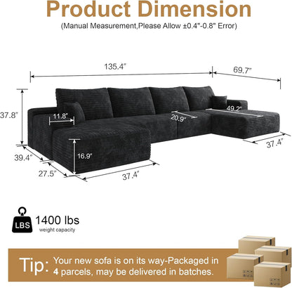 136" Sectional Couches for Living Room Modern Modular Sofa with L-Shape Couchs Upholstered Boneless