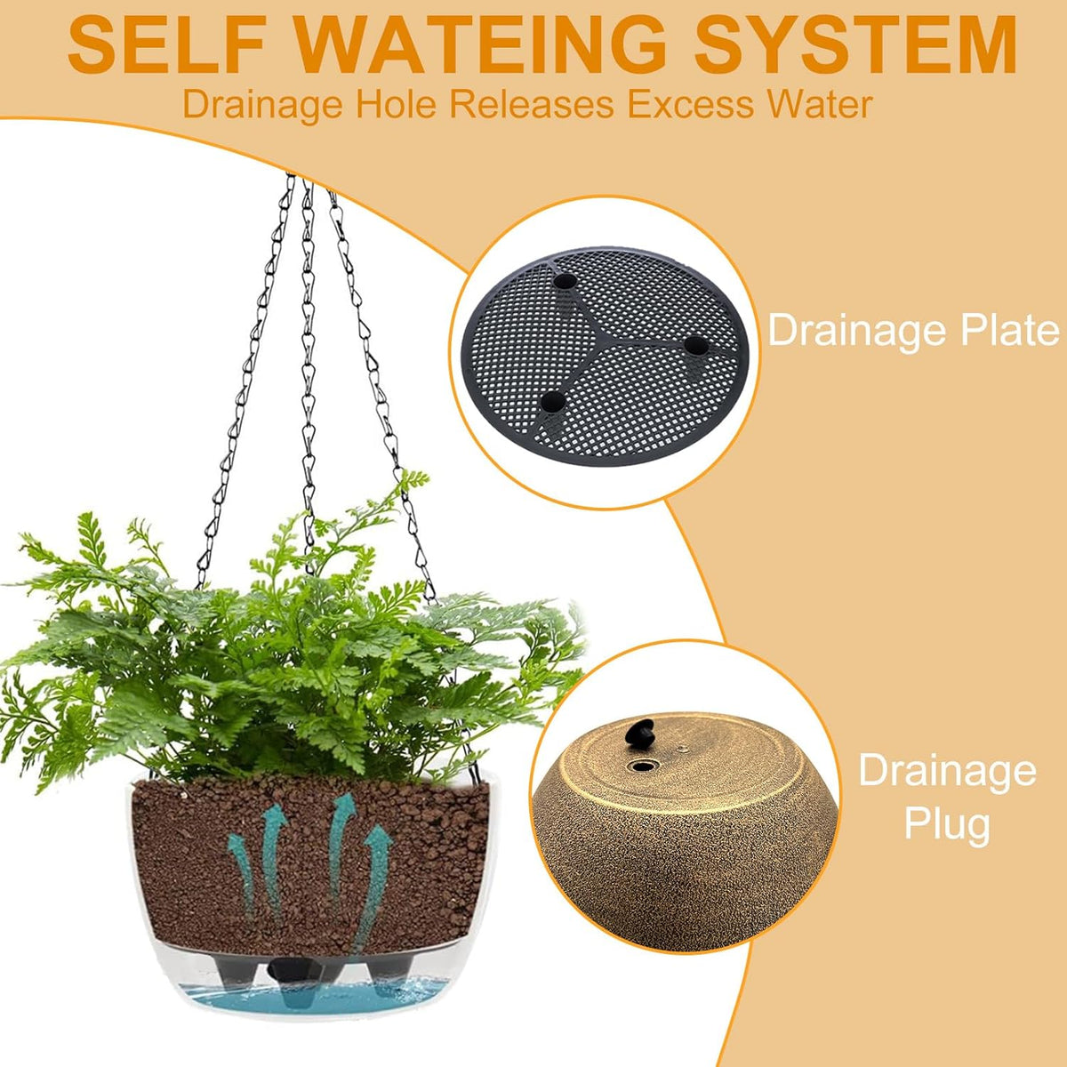 2 Packs Hanging Planters Basket for Outdoor Plants, Solar Powered Self Watering Copper Round