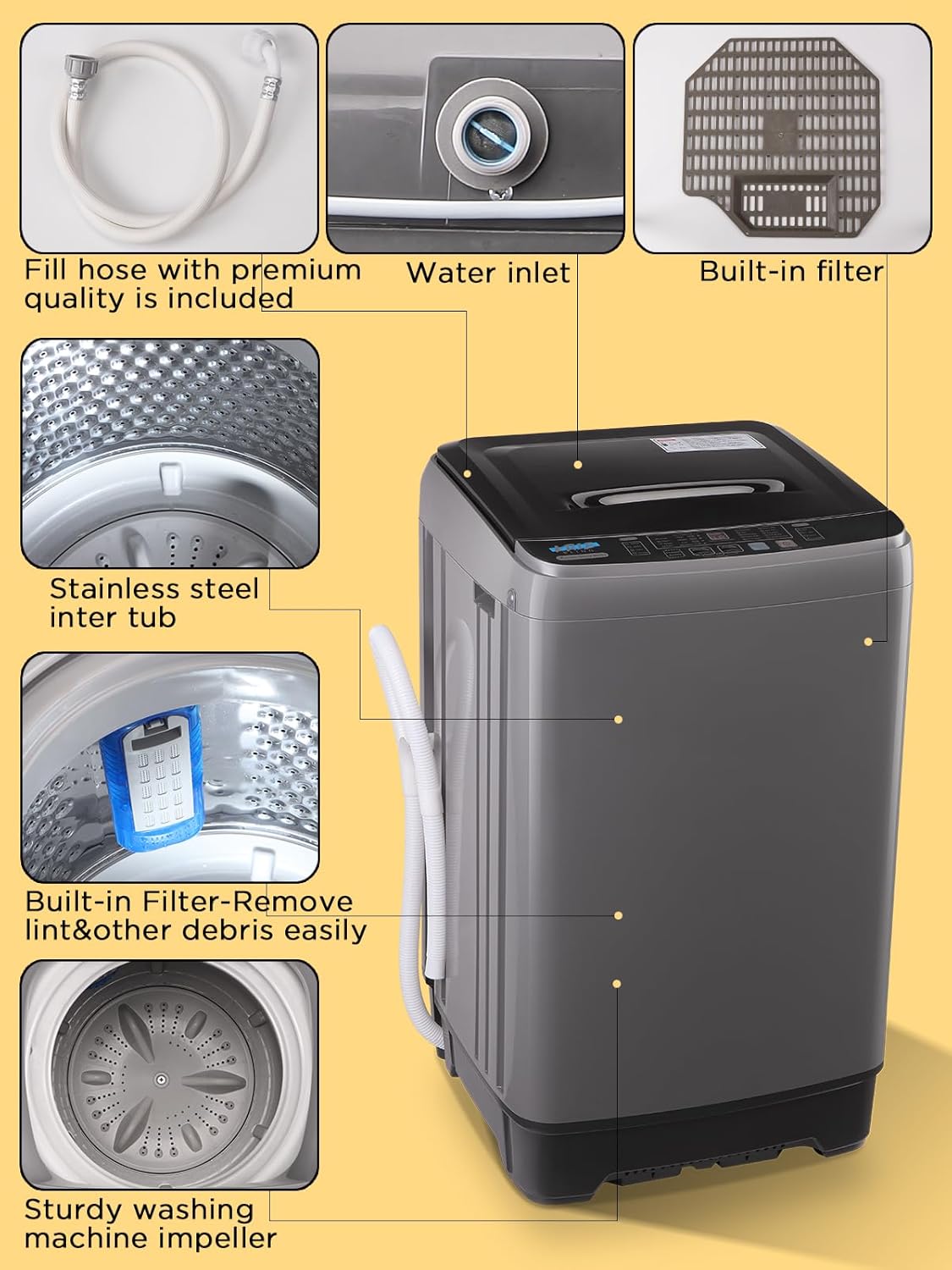 17.7 lbs Full-Automatic Washing Machine with LED Display, Portable Compact Laundry Washer with