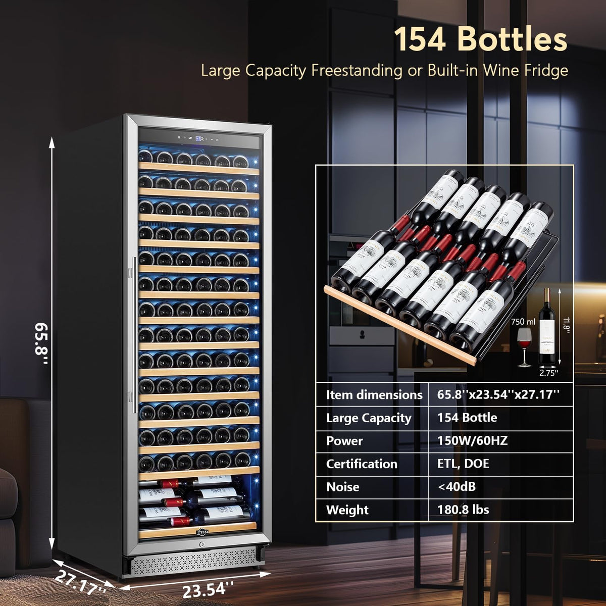 Tylza Upgraded 154 Bottles Wine Cooler Refrigerator, 24 Inch Tall Wine Fridge Built-in or