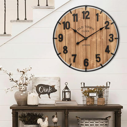 Large Old Town Farmhouse Wall Clock 24 Inch Rustic Antique Wood with Metal Circle and Large