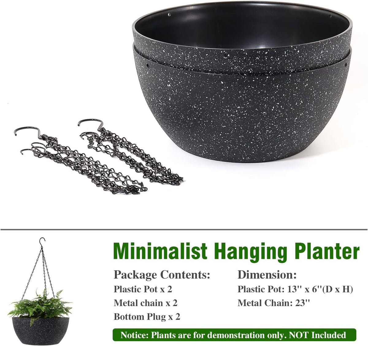 13 inch Large Hanging Planters Plant Pots for Outdoor Indoor Plants with Drainage Holes and Chain