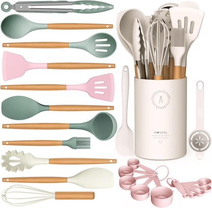 Silicone Cooking Utensils Set - Silicone Kitchen Utensils for Cooking Wooden Handles, 446°F Heat