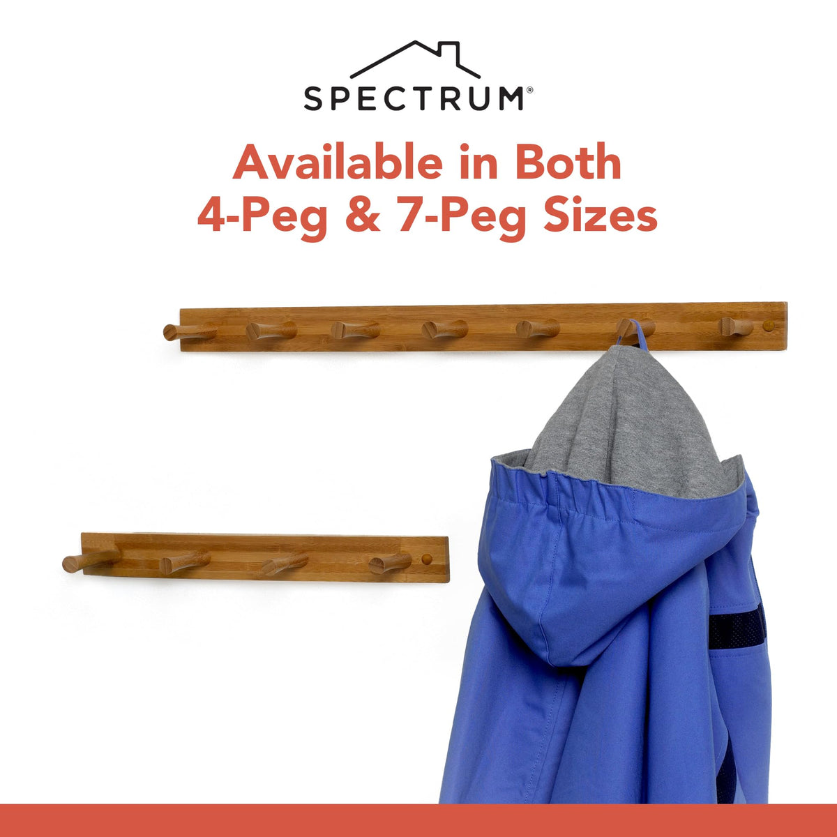 Spectrum 7 Peg Wall Mount Peg Rack Wooden Storage Organizer for Coats Hats Purses Towels, Includes
