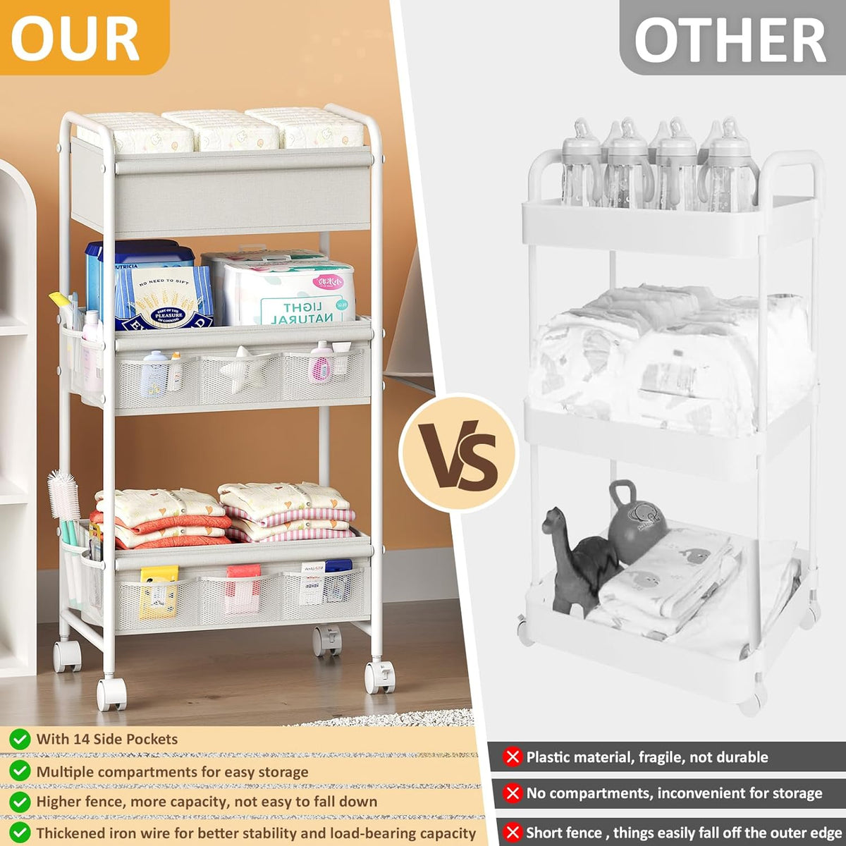 3-Tier Baby Diaper Caddy Cart Organizer,Mobile Nursery Organization with Wheels,with 2 Dividers &