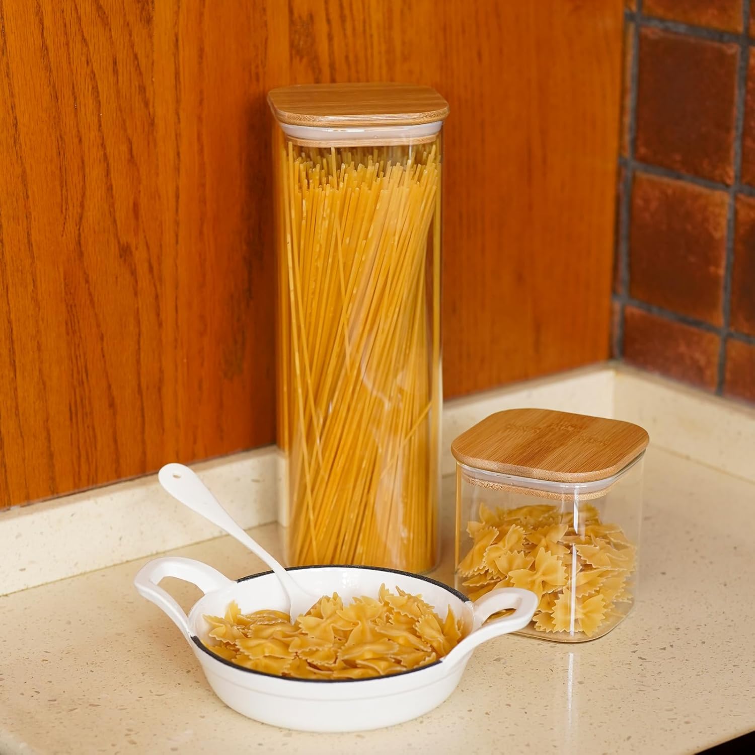 Glass Pasta Storage Jars Square 73oz, 3 Pack Glass Jars With Bamboo Lids, Tall Kitchen Storage