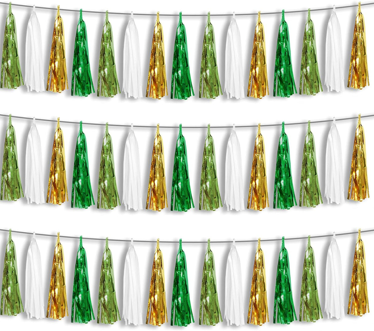 3P Sage-Green Beige-Mint Gold Foil Fringe Metallic Tassel Garland Banner, Tassels Banner Streamers