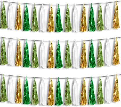 3P Sage-Green Beige-Mint Gold Foil Fringe Metallic Tassel Garland Banner, Tassels Banner Streamers