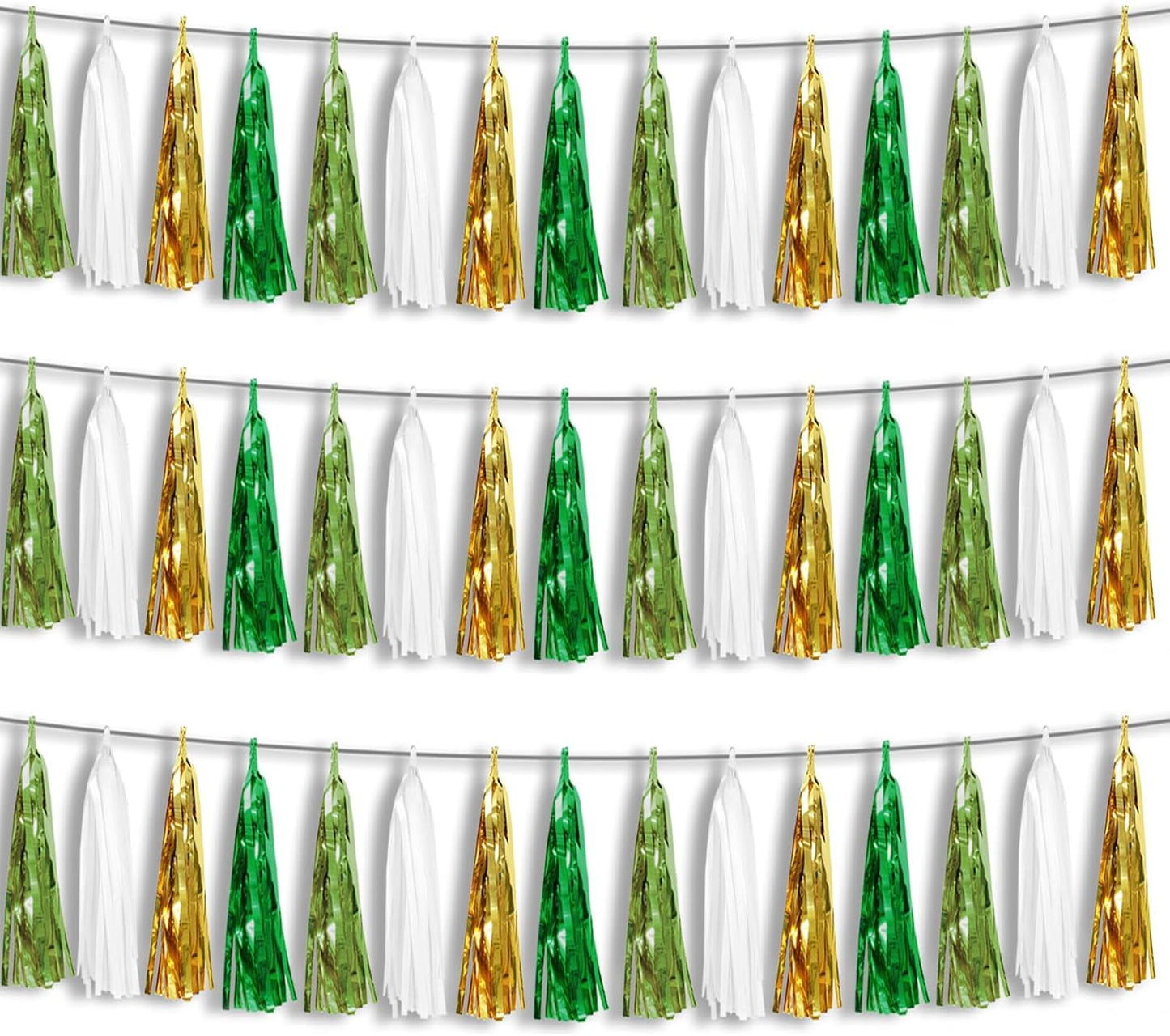3P Sage-Green Beige-Mint Gold Foil Fringe Metallic Tassel Garland Banner, Tassels Banner Streamers