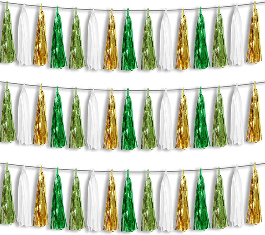 3P Sage-Green Beige-Mint Gold Foil Fringe Metallic Tassel Garland Banner, Tassels Banner Streamers