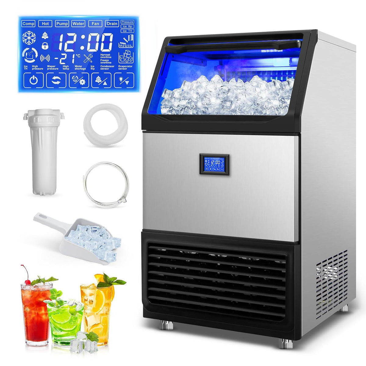 Ice Machine Commercial Ice Maker Machine, 450 Lbs /24H, 200 lbs Bin, Under Counter Built-in or