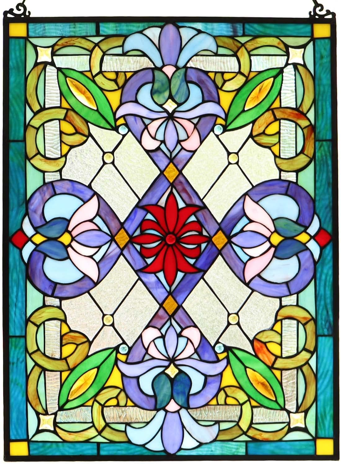 Bieye W10028 Victorian Tiffany Style Stained Glass Window Panel with Chain, Rectangular Shape, 18"