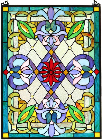 Bieye W10028 Victorian Tiffany Style Stained Glass Window Panel with Chain, Rectangular Shape, 18"