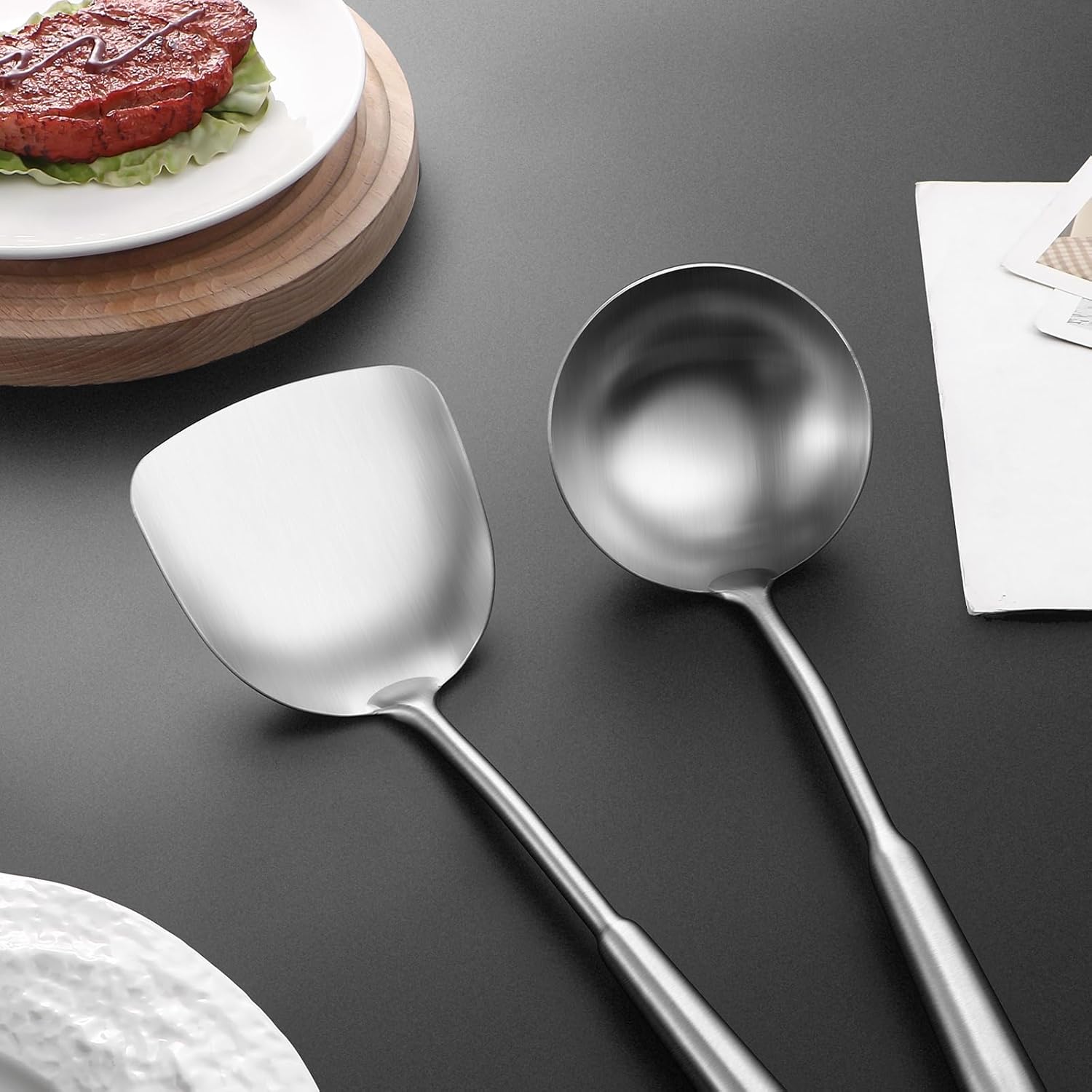 15" Wok Spatula and Ladle,Skimmer Spoon, Slotted Turner Spatula,304 Stainlss Steel Matte Kitchen