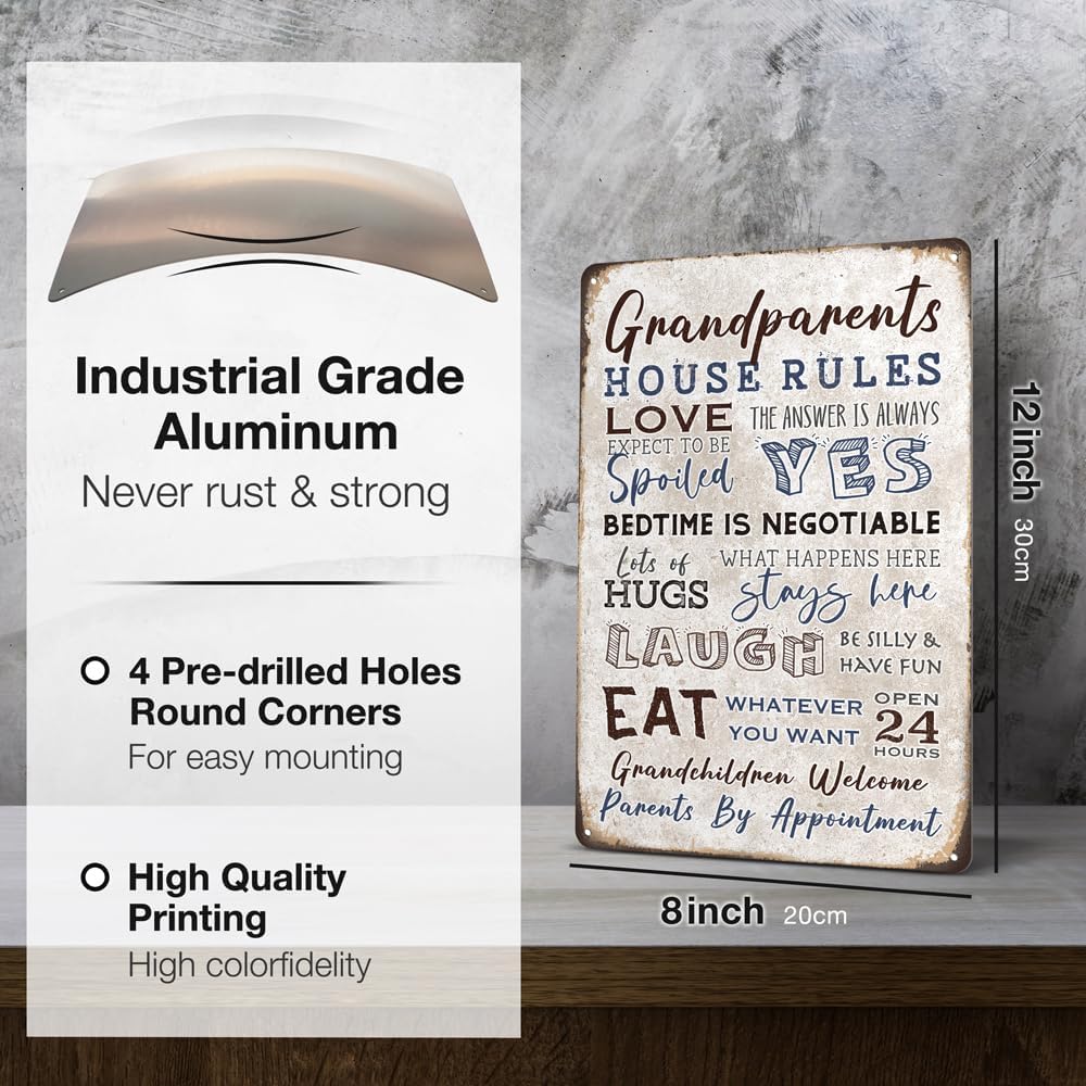Heuhuww Grandparents Gifts-Vintage Grandparents House Rules Metal Sign for Grandma Grandpa from