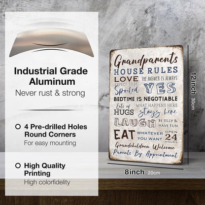 Heuhuww Grandparents Gifts-Vintage Grandparents House Rules Metal Sign for Grandma Grandpa from