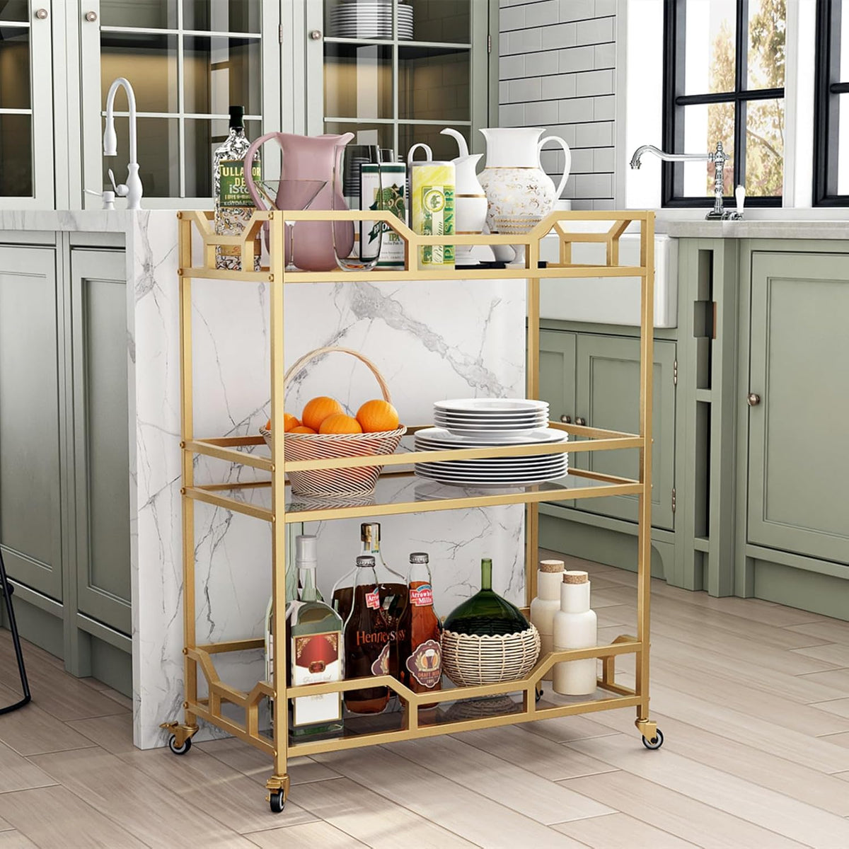 Square Gold Bar Carts with 3 Tier Storage Glass Shelves Holder Home Serving Bar Carts on Wheels for