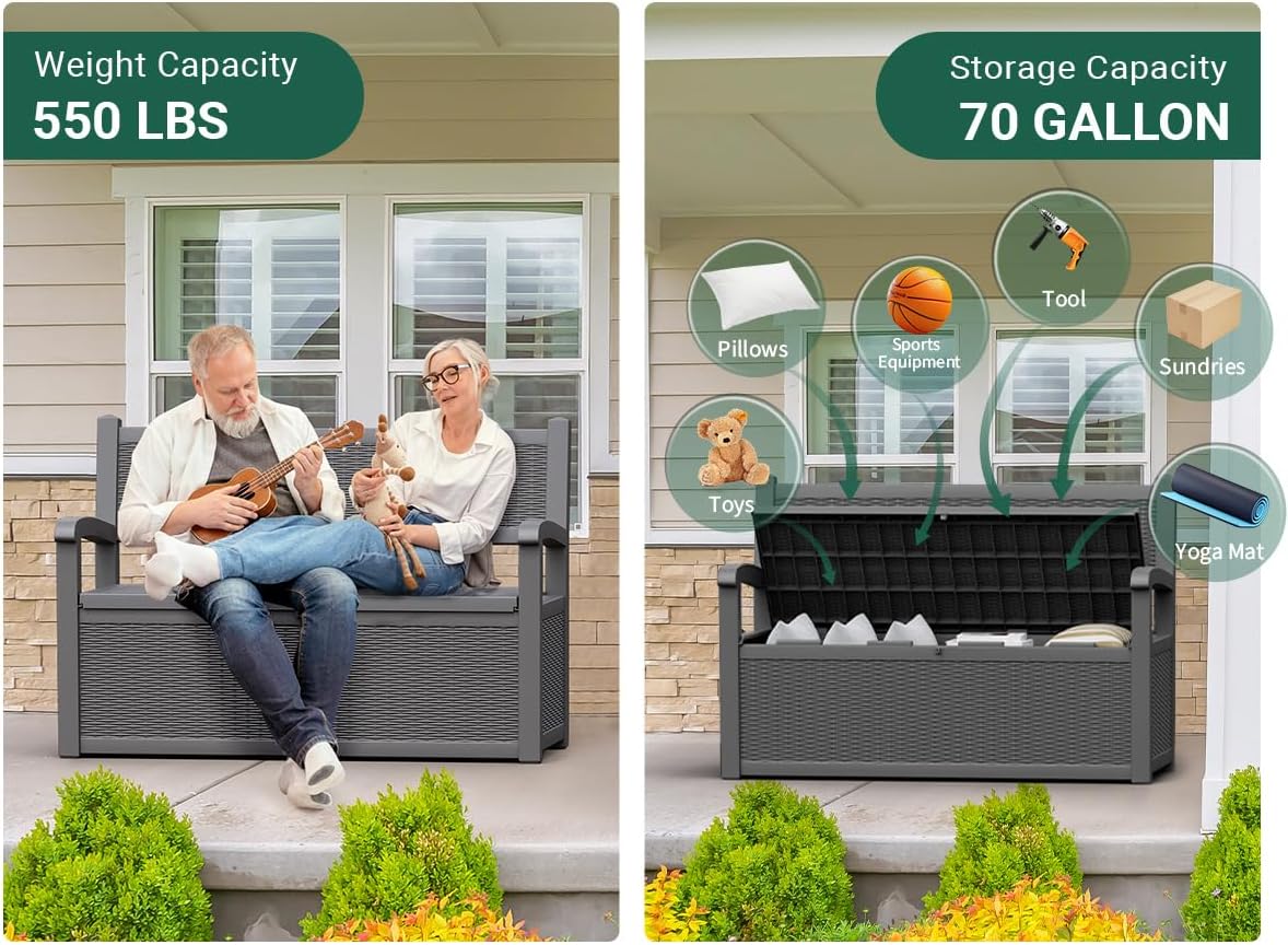70 Gallon Outdoor Storage Box, Resin Patio Furniture with Armrest, Lockable Deck Box with