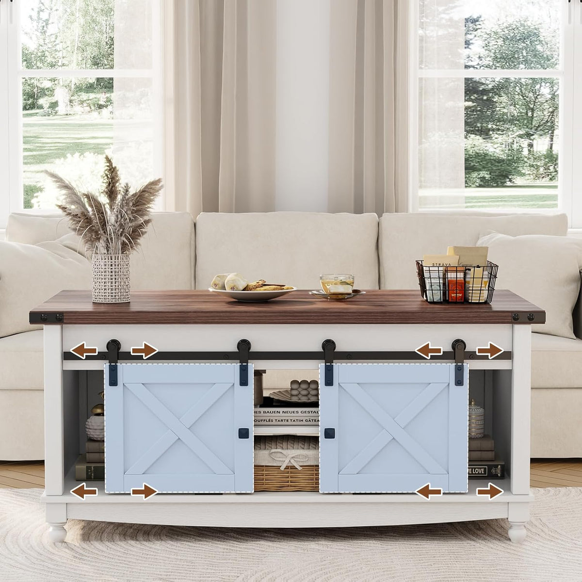 48" Farmhouse Lift Top Coffee Table with Storage Sliding Barn Door & Large Hidden Compartment