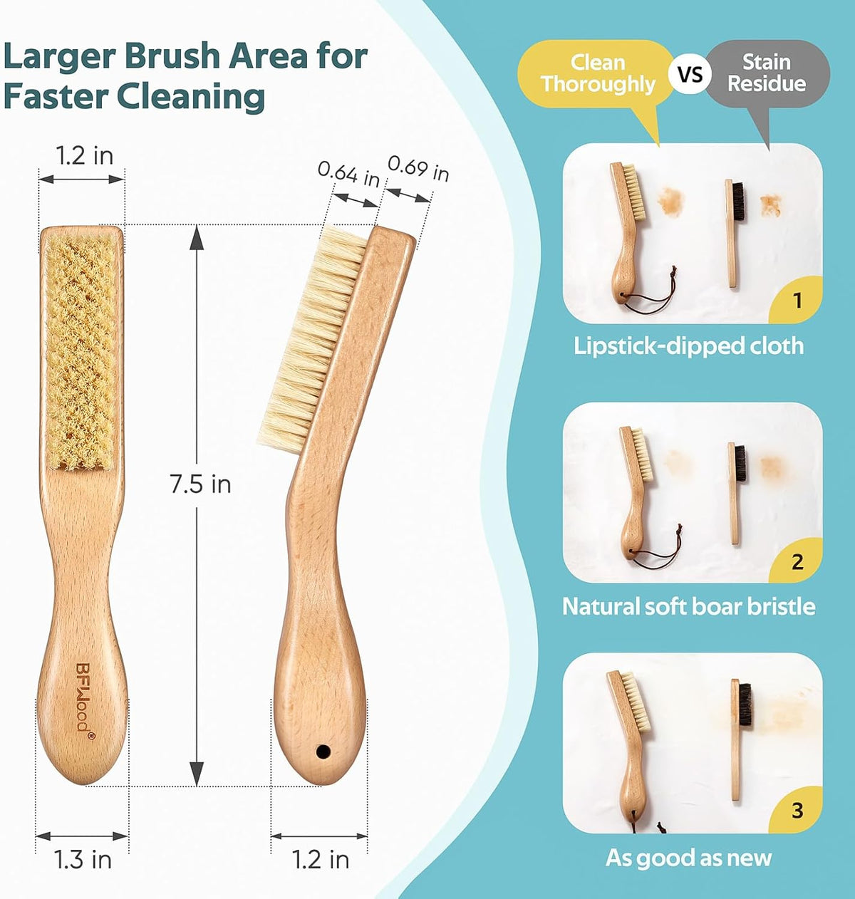 BFWood Laundry Stain Brush, Large Natural Soft Boar Bristles, Removes Tough Stains from Delicate