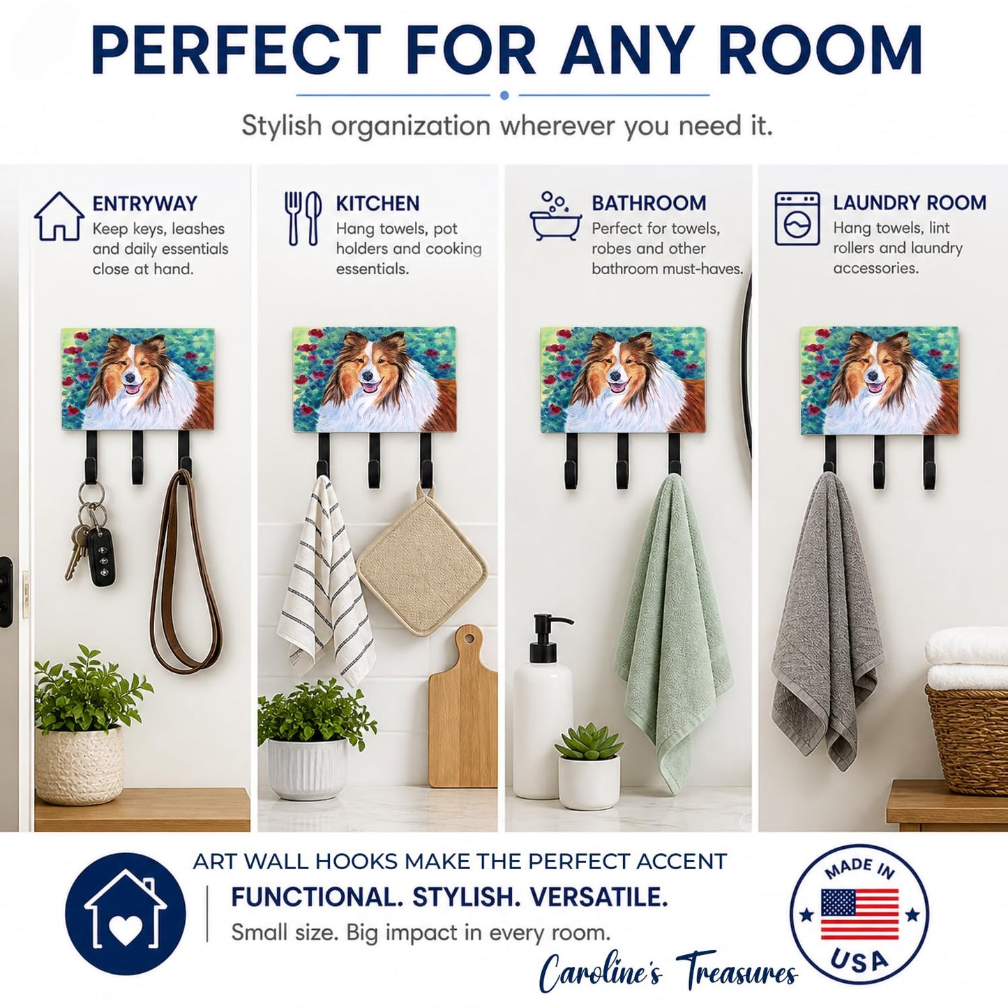 Caroline's Treasures 7424TH68 Sheltie Leash or Key Holder, Wall Hooks, Key Hooks Holder, Coat Rack