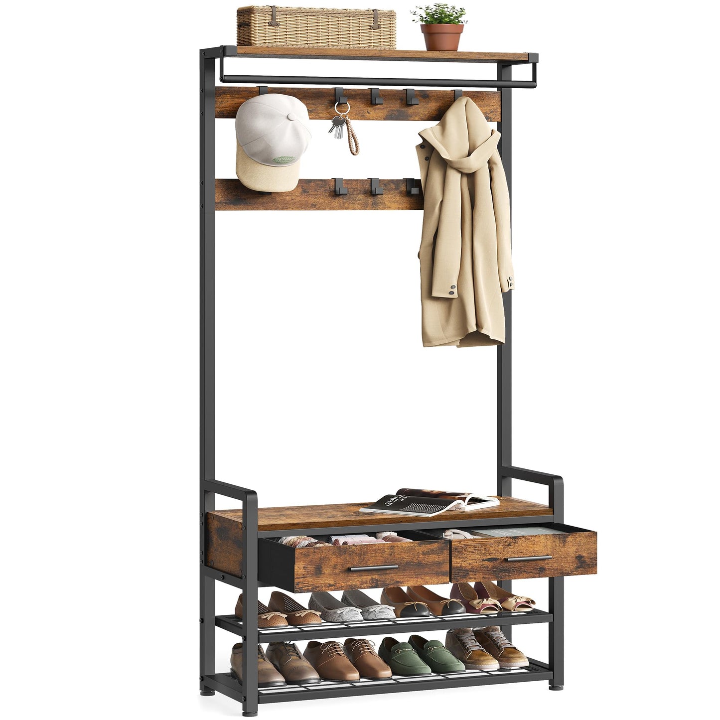 VASAGLE Hall Tree with Bench and Shoe Storage, Entryway Coat Rack with Shoe Bench, 2 Fabric
