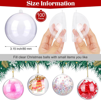 ANVAVO 100 Pieces 80mm Clear Plastic Fillable Ball Ornaments DIY Craft Transparent Baubles