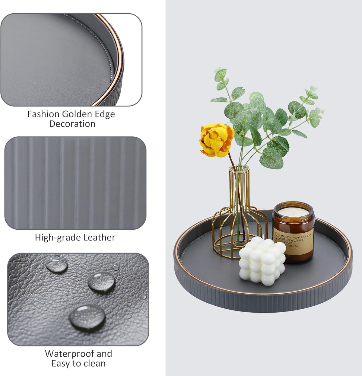KINGFOM Decorative Serving Tray, PU Leather Valet Nightstand Desk Organizer for Men Women, Round