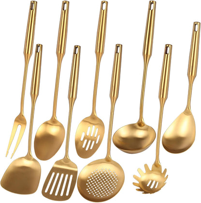 Gold Kitchen Utensils Set - 18/10 Stainless Steel Cooking Tools, 15" All Metal Serving Utensils