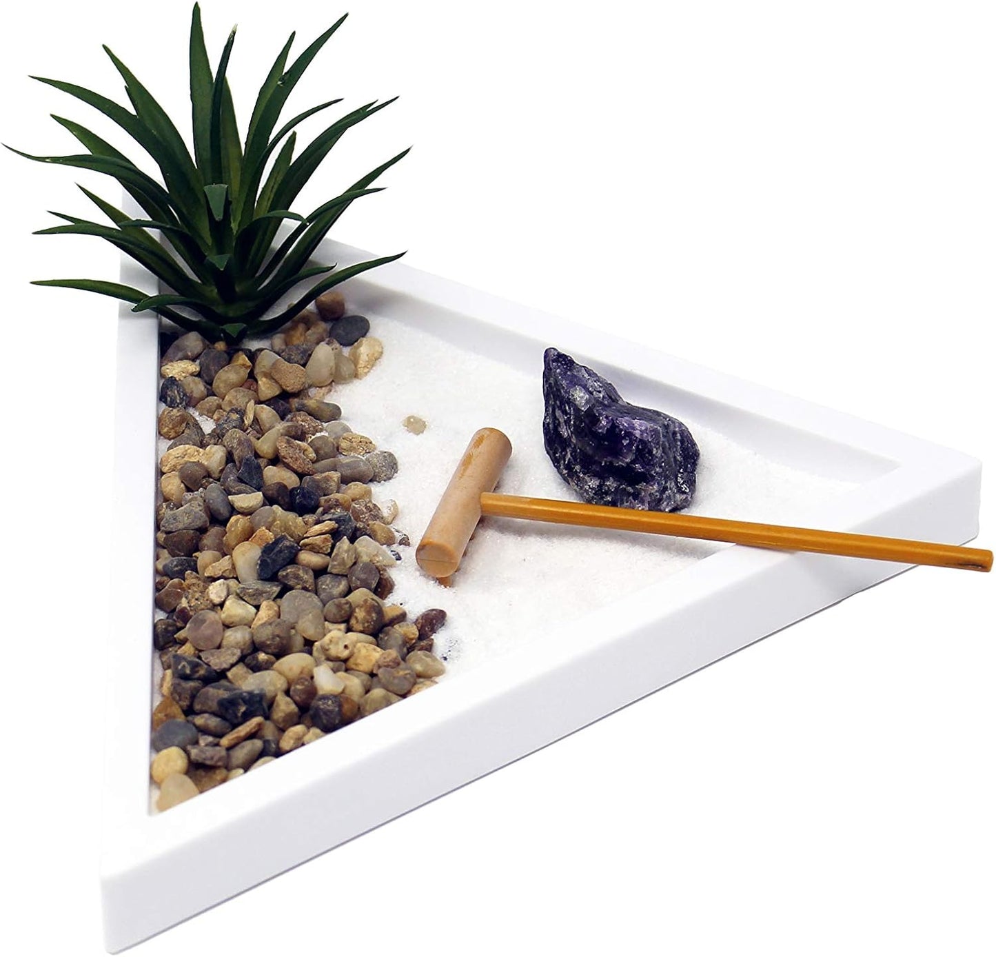 Nature's Mark Mini Zen Garden Kit for Desk with White Sand, Rake, White Base, Salt Rock and Air