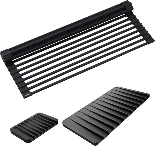 Kraus Roll Up Dish Drying Rack with Self-Draining Silicone Dish Drying Mat and Silicone Soap Dish
