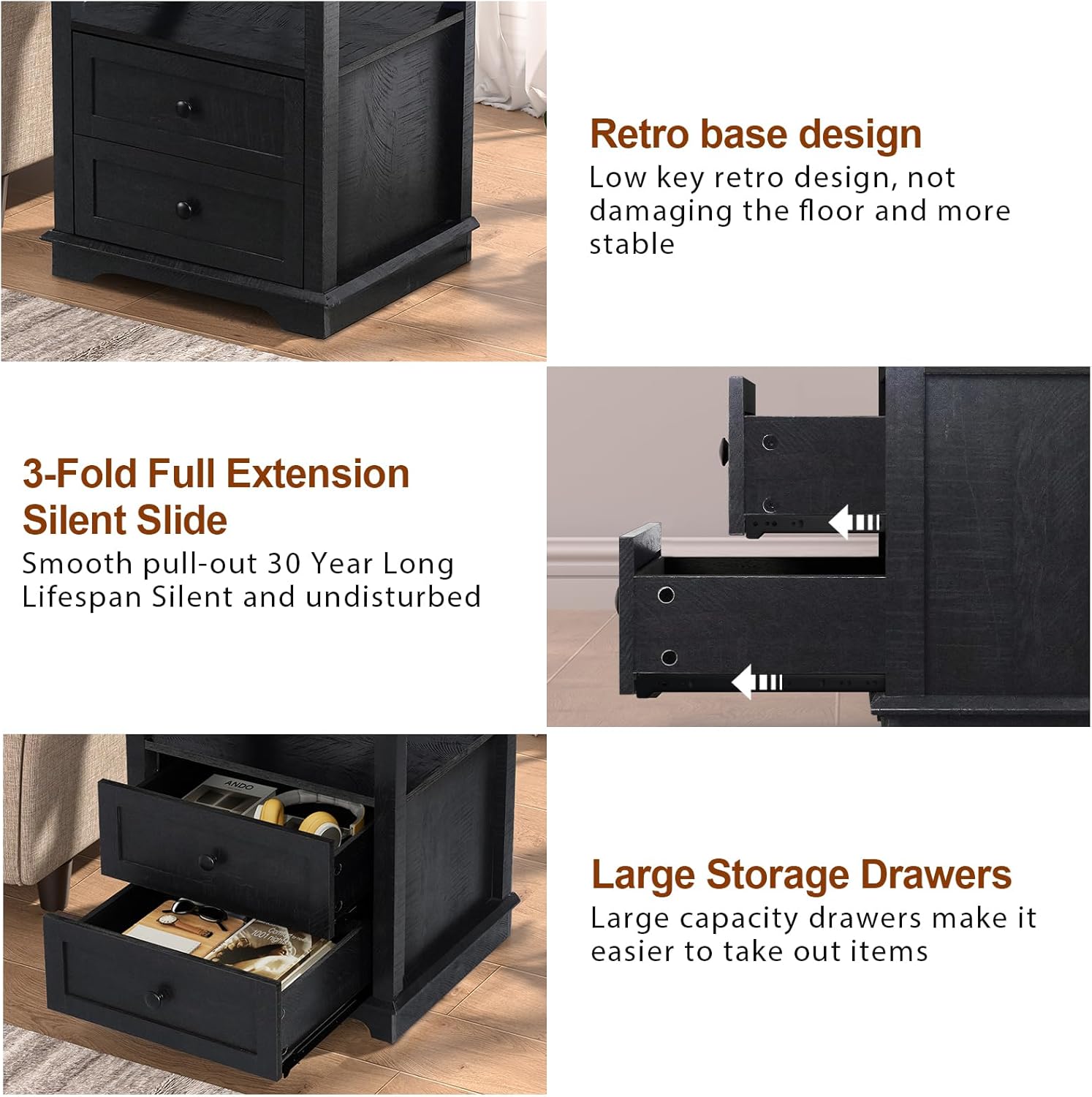 HIFYOBRO End Table with 2 Drawers and Charging Station, Type-C & USB Port & Power outlets, Wooden