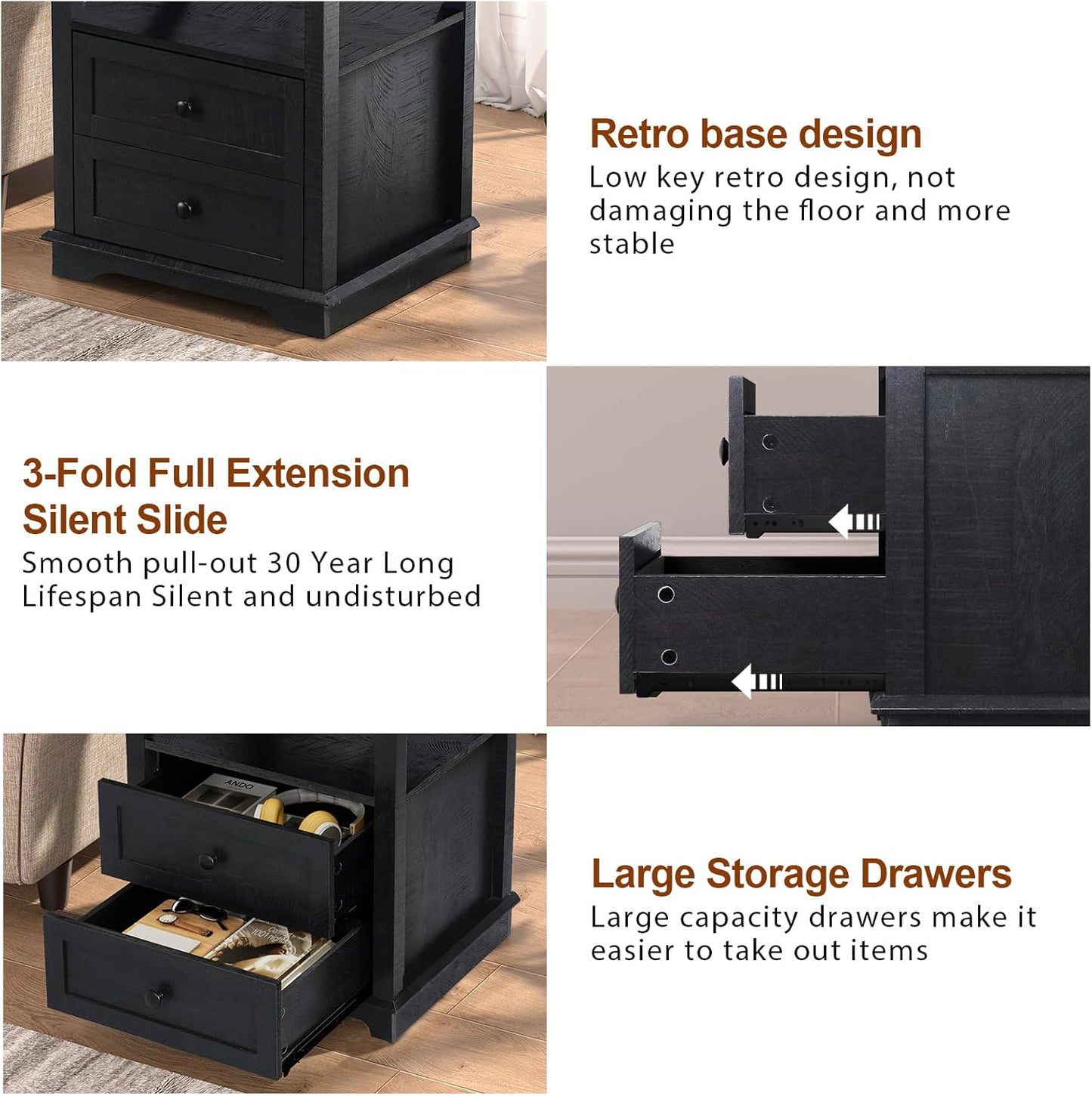 HIFYOBRO Large End Table Set of 2, 2 Drawers and Charging Station, Type-C & USB Port & Power