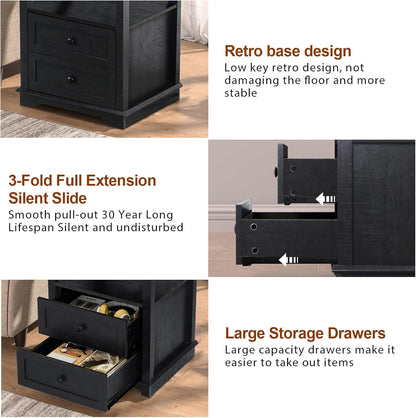 HIFYOBRO Large End Table Set of 2, 2 Drawers and Charging Station, Type-C & USB Port & Power