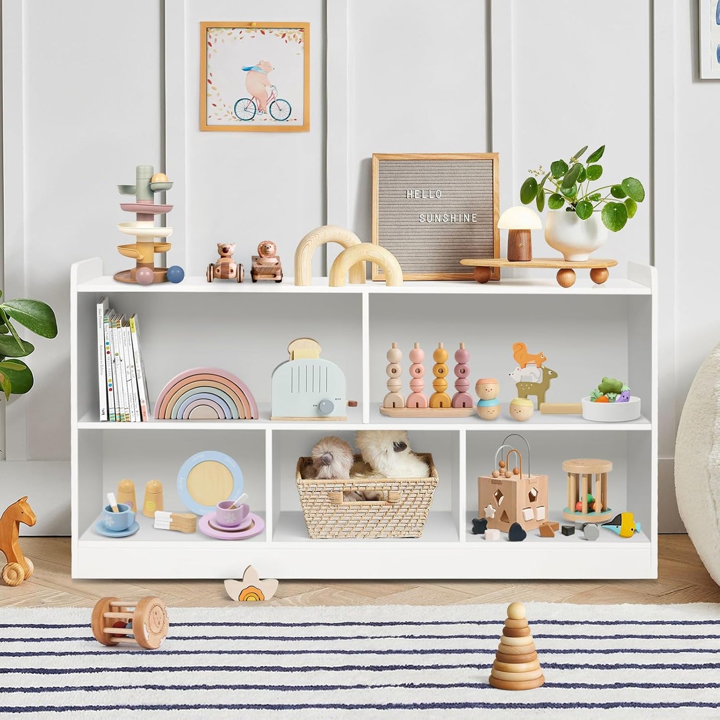 Montessori Shelf, Wooden Toy Storage Organizer for Books Toys, 2 Shelf Bookcase, 5-Section Storage