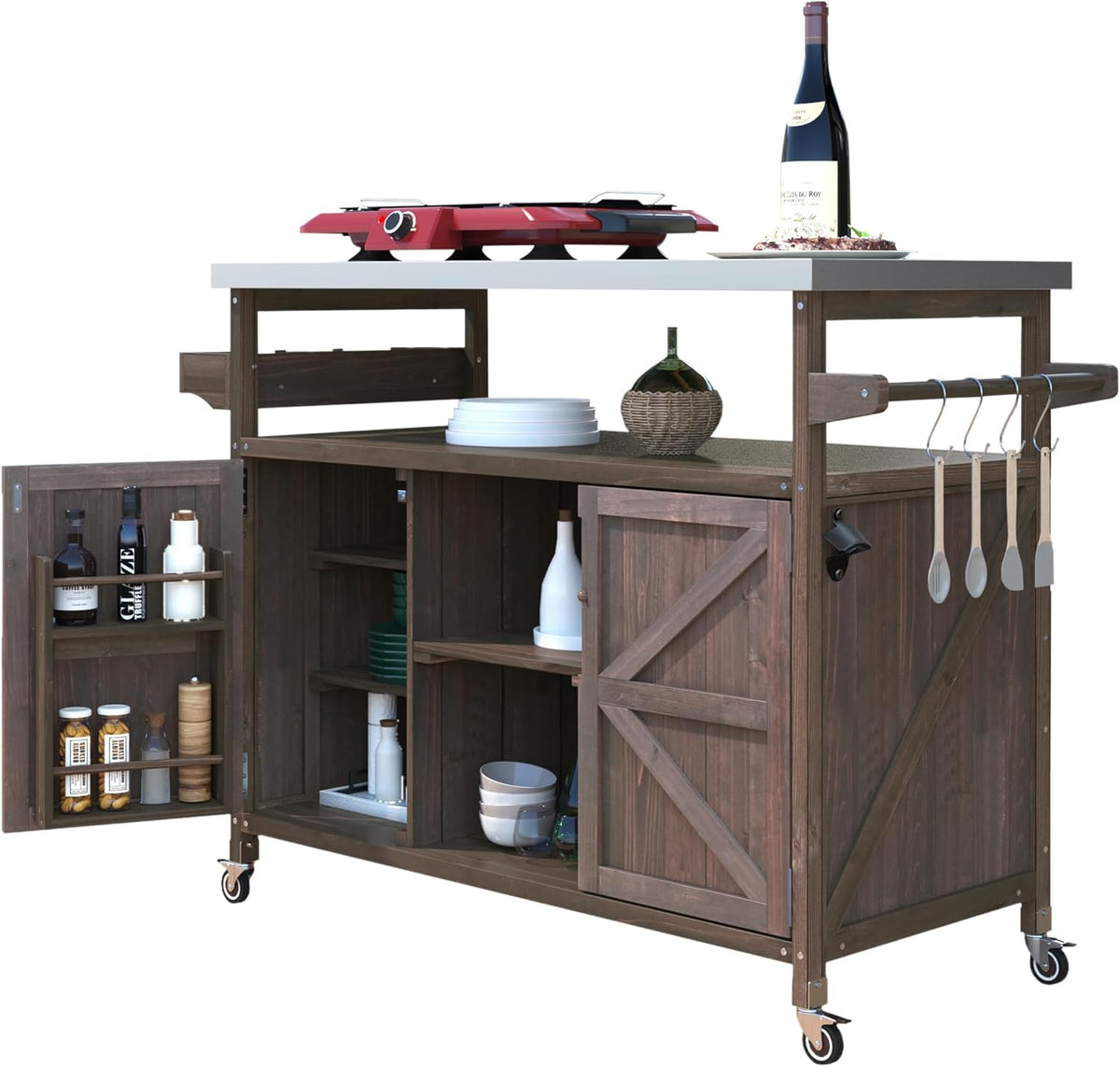 Farmhouse Solid Wood Grill Table with Stainless Steel Top, Outdoor Rolling Bar Cart & Storage