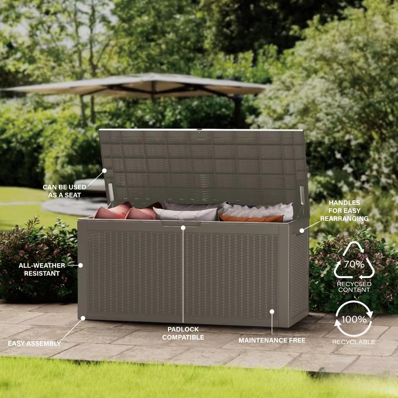 180 Gallon Resin Deck Box, Waterproof Outdoor Storage Bin for Patio Furniture, Pool Accessories