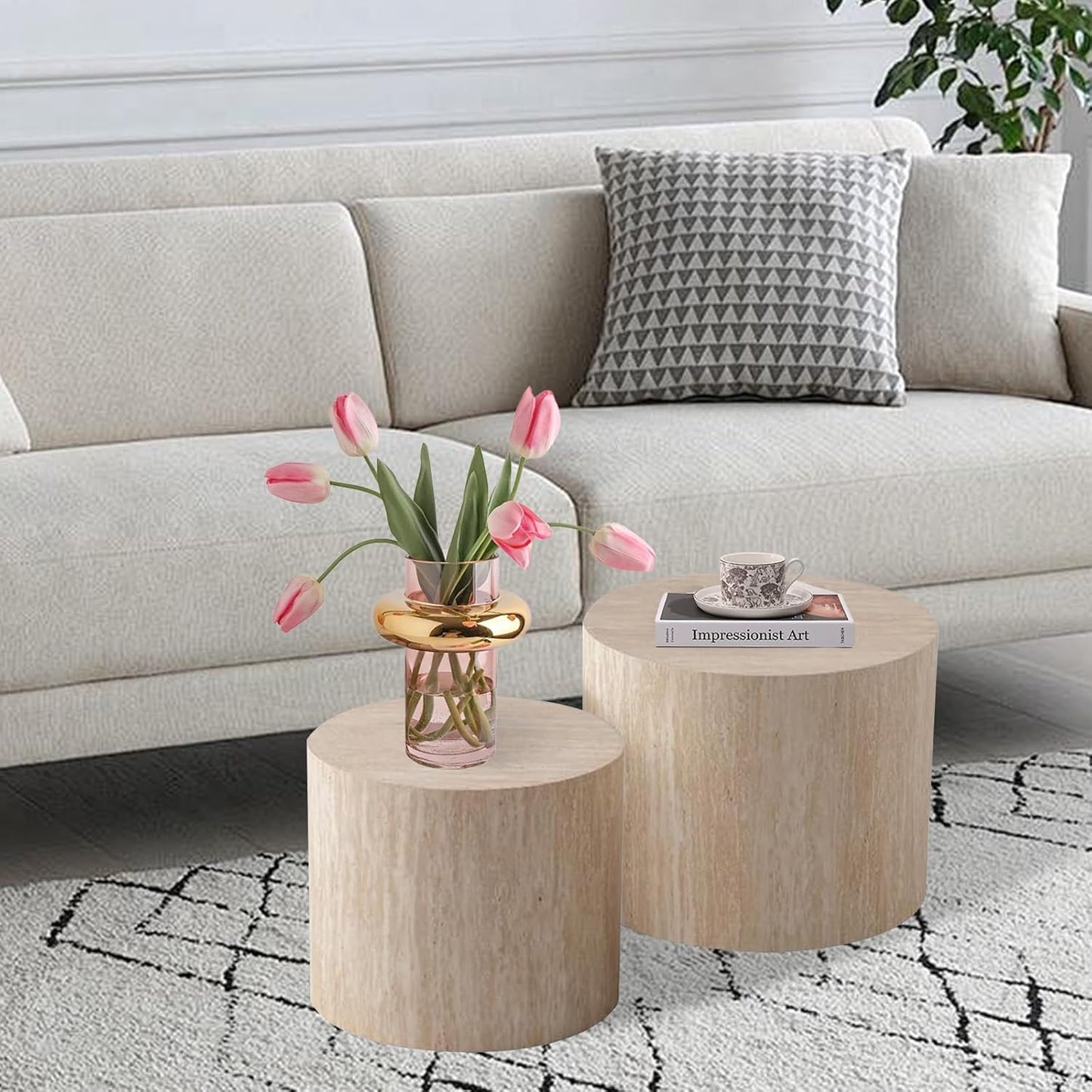 Nesting Coffee Table Set of 2 Modern Small Round Coffee Table and End Table Sets Wooden Drum Side