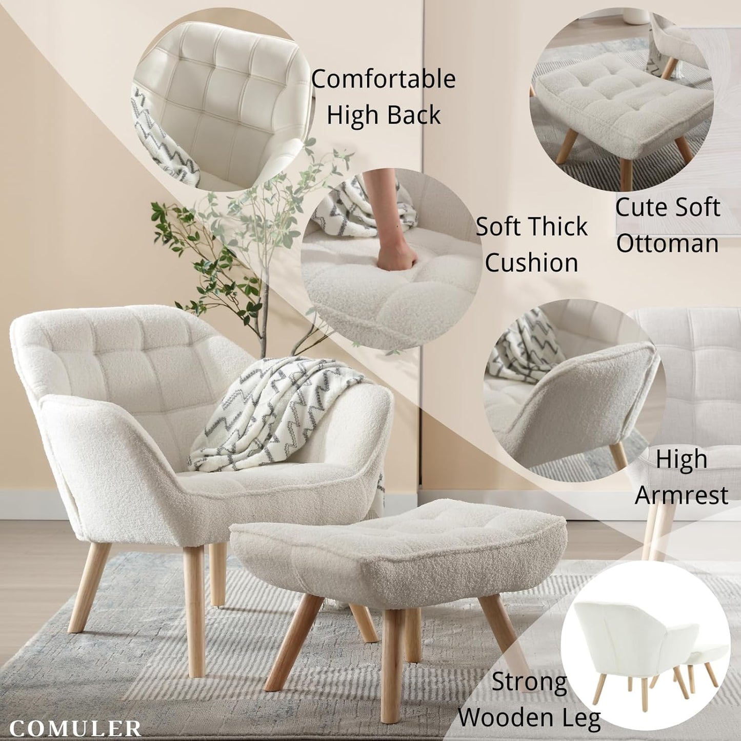 White Sherpa Accent Chair with Ottoman ，Modern Reading Chair with Ottoman Set, Comfy Fuzzy Armchair