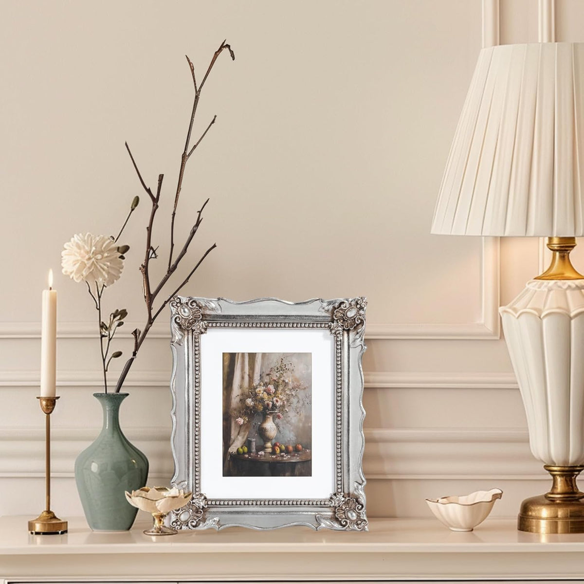 8x10 Vintage Picture Frame with Embossed Flower Design, Silver Ornate Frame for 8x10 or 5x7