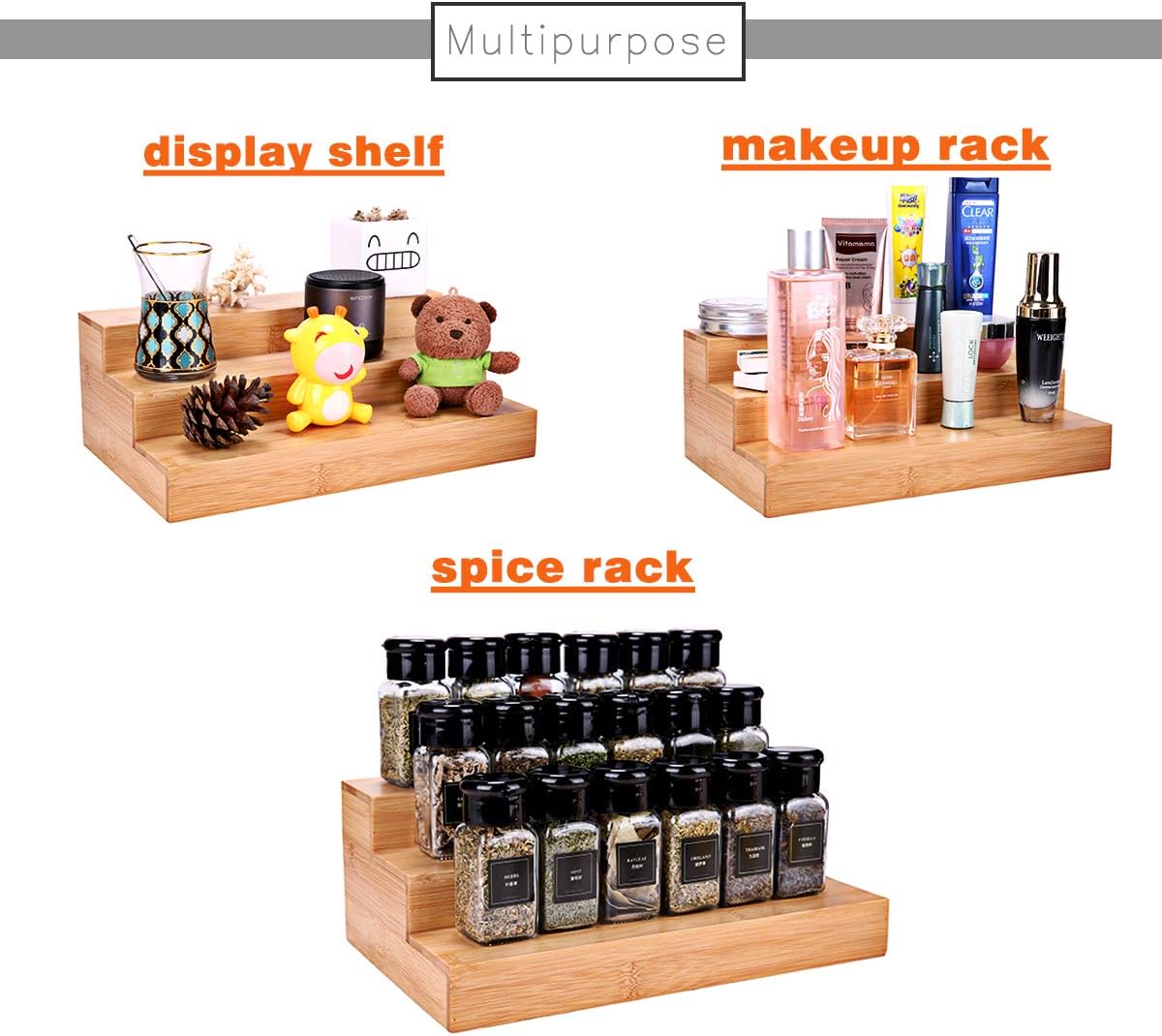 Step Spice Rack Set Cabinet Shelf Spice Holder, 3-Tier Bamboo Spice Organizers for