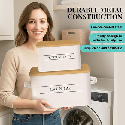 Metal Dryer Sheet Holder with Lid – Set of 2 Storage Bins for Laundry Room Organization & Home