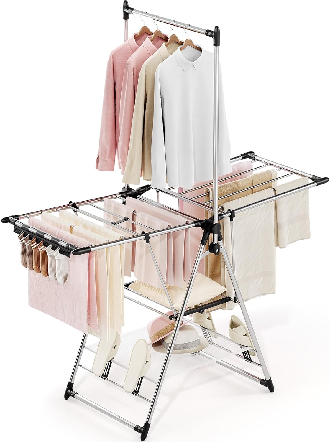 APEXCHASER Clothes Drying Rack with High Hanger, Foldable 3-Level Drying Racks with Shoe Rack