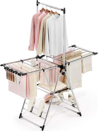 APEXCHASER Clothes Drying Rack with High Hanger, Foldable 3-Level Drying Racks with Shoe Rack