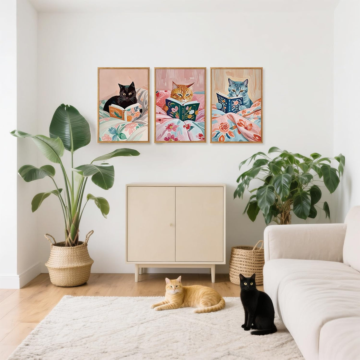 HPNIUB Framed Vintage Black Cats Canvas Wall Art, Funny Animal Reading Books Poster Printing