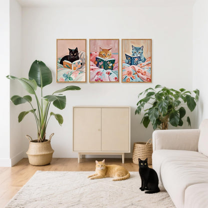 HPNIUB Framed Vintage Black Cats Canvas Wall Art, Funny Animal Reading Books Poster Printing