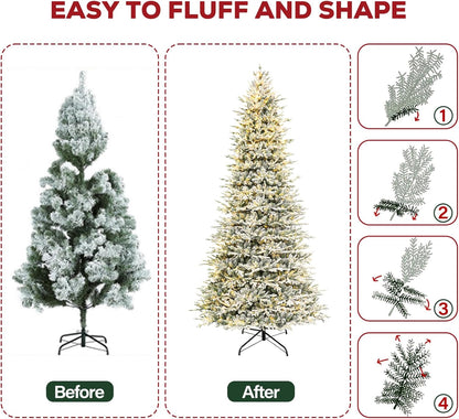 Hykolity 12 ft Prelit Snow Flocked Artificial Christmas Tree, 8109 PE&PVC Branch Tips, 850 Warm